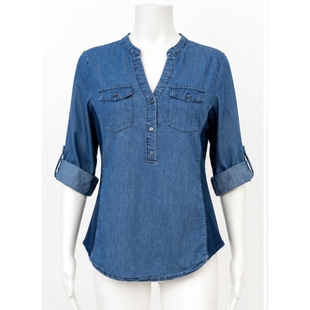Cavalini Denim Collection Medium Wash Chambray Knit Side Panel Top M - Picture 4 of 12
